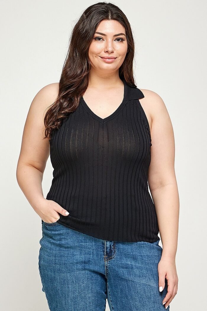 Plus size, solid ribbed knit polo sleeveless top