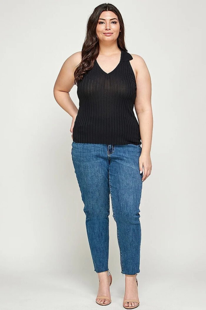 Plus size, solid ribbed knit polo sleeveless top