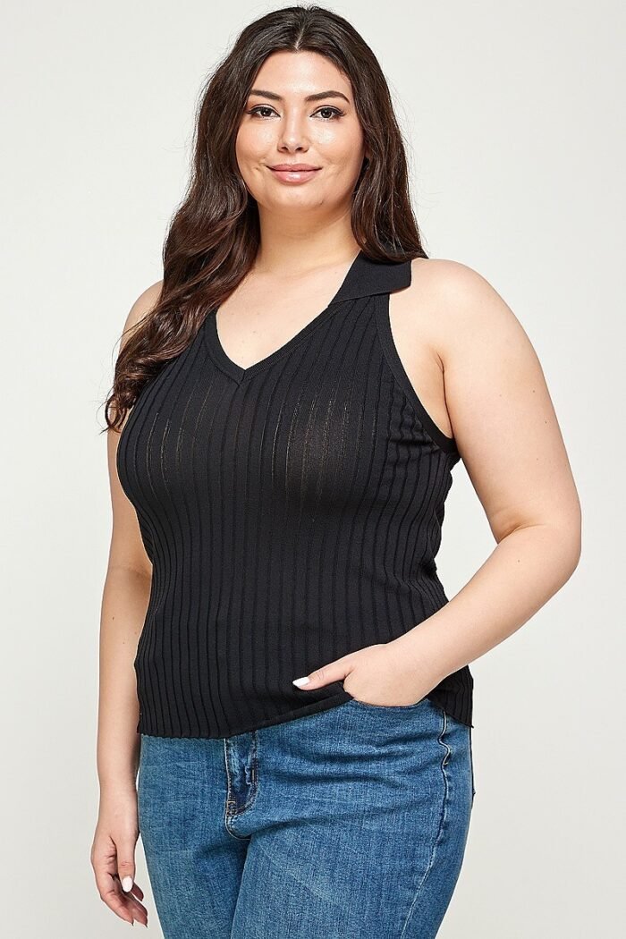 Plus size, solid ribbed knit polo sleeveless top