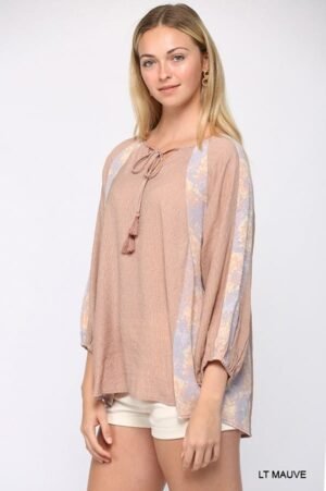 Solid Crinkle And Print Mix Raglan Sleeve Top With Tassel Tie Solid Crinkle And Print Mix Raglan Sleeve Top With Tassel Tie