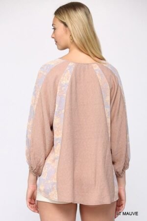 Solid Crinkle And Print Mix Raglan Sleeve Top With Tassel Tie Solid Crinkle And Print Mix Raglan Sleeve Top With Tassel Tie