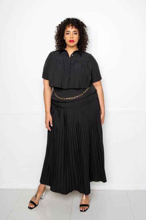 Pleated Cropped Shirt And Maxi Skirt Set - Image 3