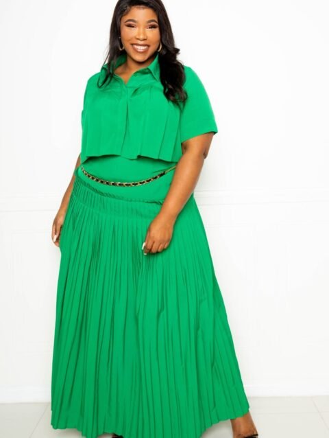 Pleated Cropped Shirt And Maxi Skirt Set