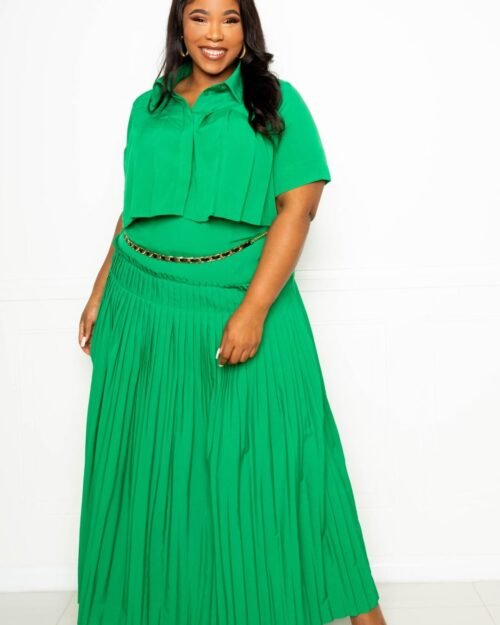 Pleated Cropped Shirt And Maxi Skirt Set