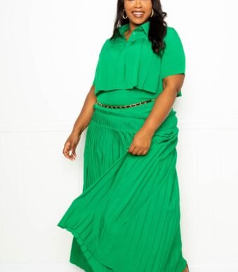 Pleated Cropped Shirt And Maxi Skirt Set