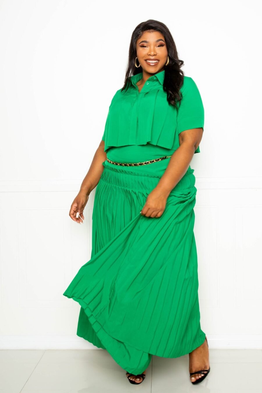 Pleated cropped shirt and maxi skirt set