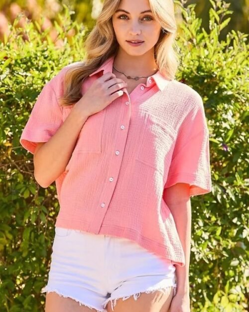 Collar Neck Button Down Front Pockets Solid Cotton Gauze Top