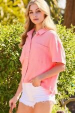 Collar Neck Button Down Front Pockets Solid Cotton Gauze Top - Image 2