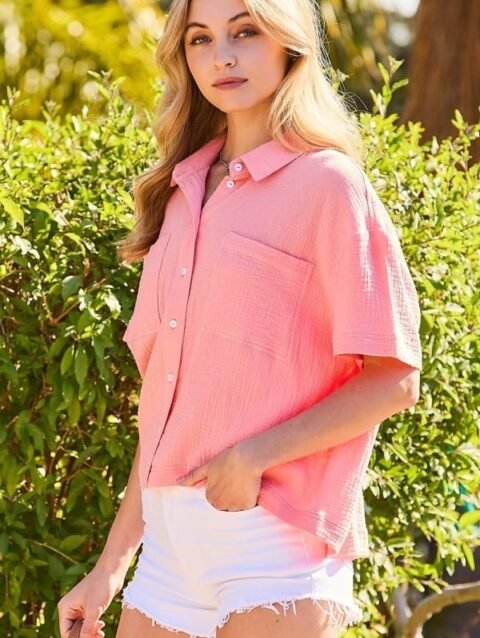 Collar Neck Button Down Front Pockets Solid Cotton Gauze Top