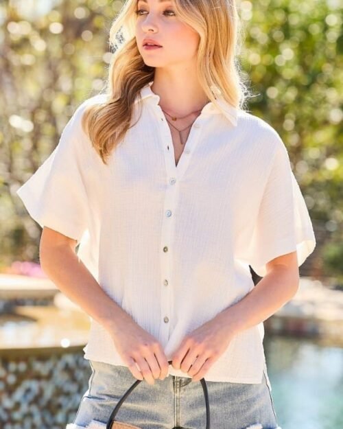 Collar Neck Button Down Sides Slit Oversized Solid Shirt Top