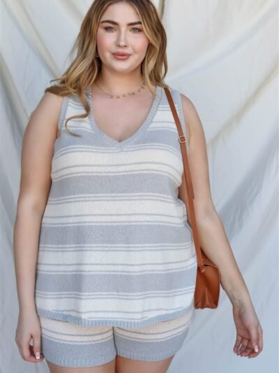 Plus Stripe Knit Sleeveless Top & Short Set