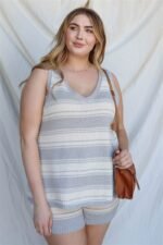 Plus Stripe Knit Sleeveless Top & Short Set - Image 2