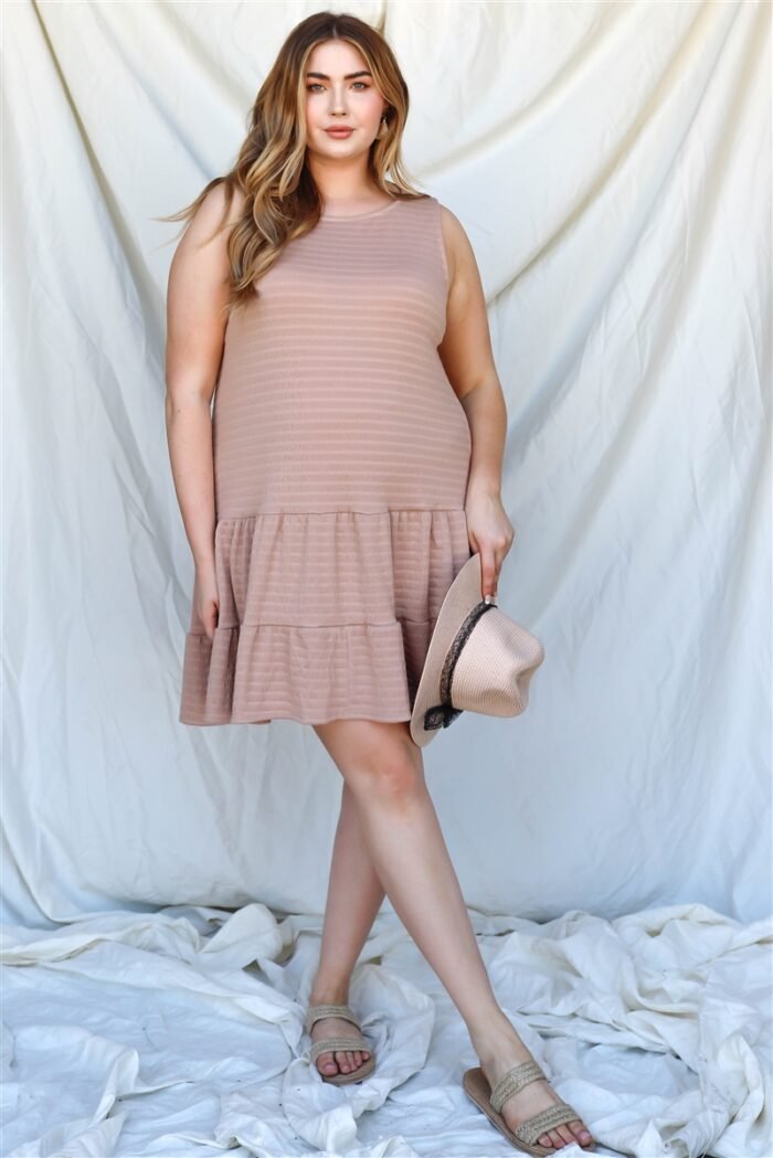 Plus apricot textured ruffle hem open back with self-tie detail mini dress - image 2