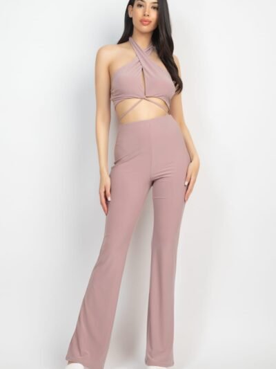 Solid Halter Top And Elastic Leggings Set