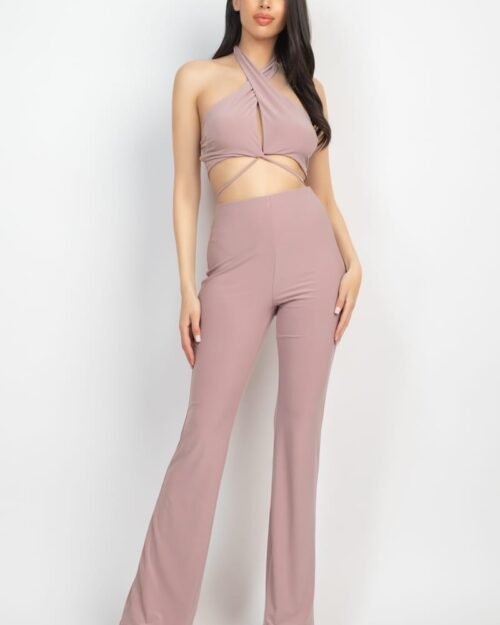 solid halter top and elastic leggings set