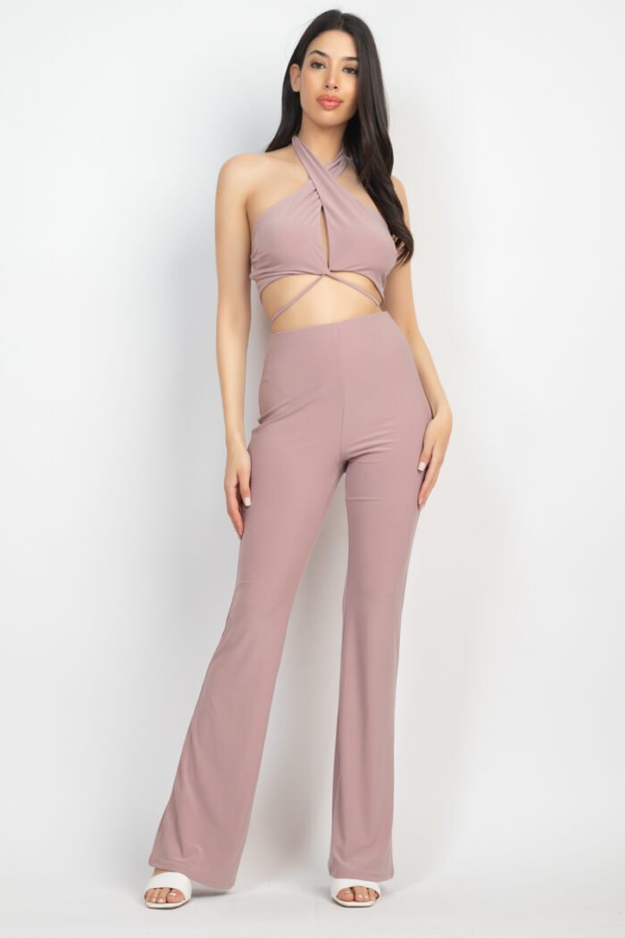 Solid halter top and elastic leggings set