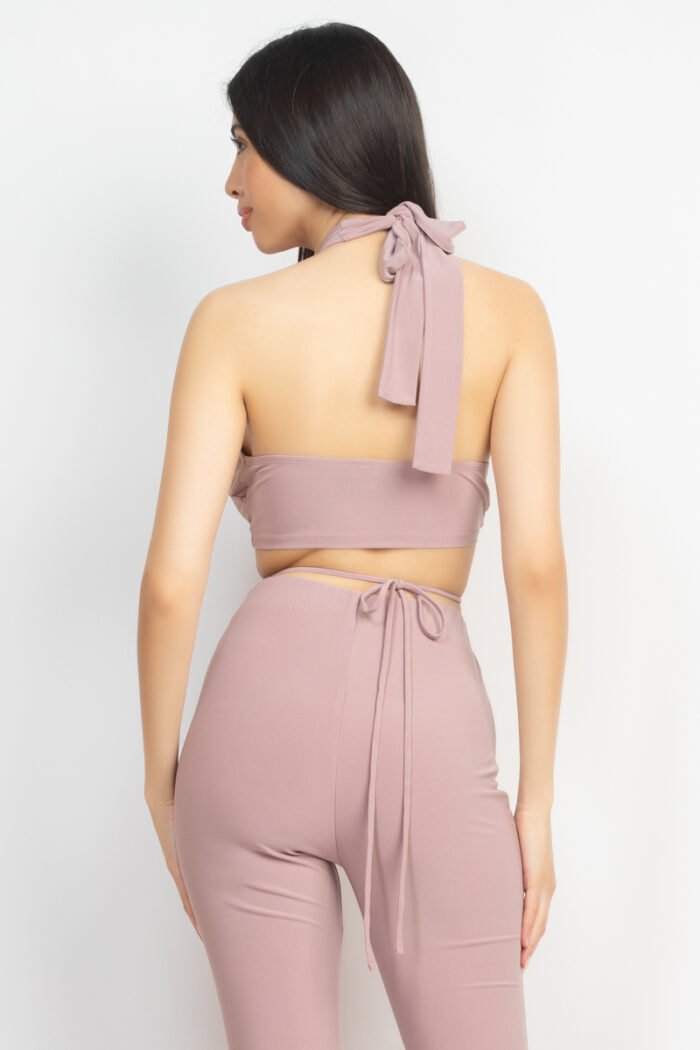 Solid halter top and elastic leggings set