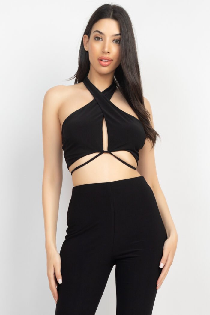 Solid halter top and elastic leggings set