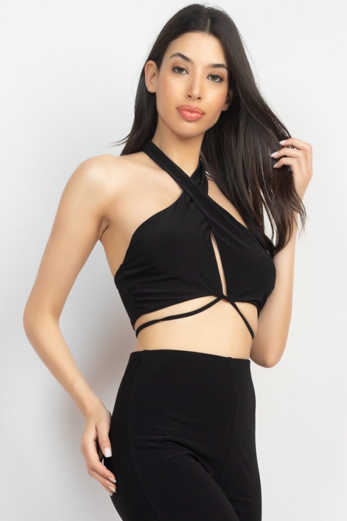 Solid halter top and elastic leggings set