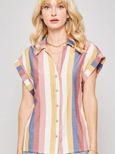 A Woven Shirt In Multicolor Striped With Collared Neckline