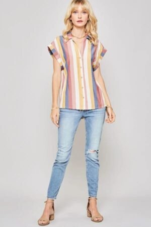 A Woven Shirt In Multicolor Striped With Collared Neckline A Woven Shirt In Multicolor Striped With Collared Neckline