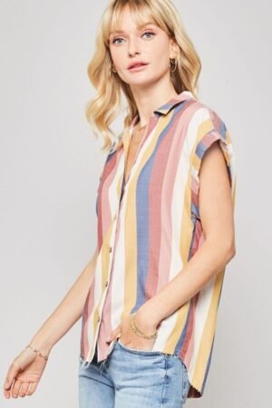 A Woven Shirt In Multicolor Striped With Collared Neckline A Woven Shirt In Multicolor Striped With Collared Neckline