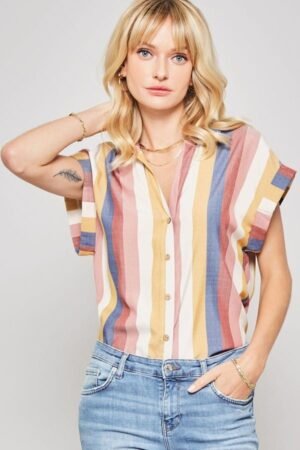 A Woven Shirt In Multicolor Striped With Collared Neckline A Woven Shirt In Multicolor Striped With Collared Neckline