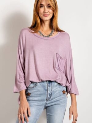 Rounded Neckline 3/4 Sleeves Washed Top Rounded Neckline 3/4 Sleeves Washed Top