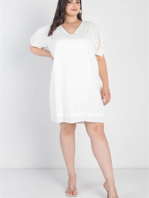 Plus White Bow Detail Short Sleeve V-neck Mini Dress