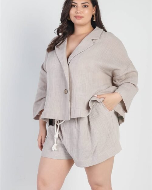 plus grey button-up collared neck blazer high waist shorts set