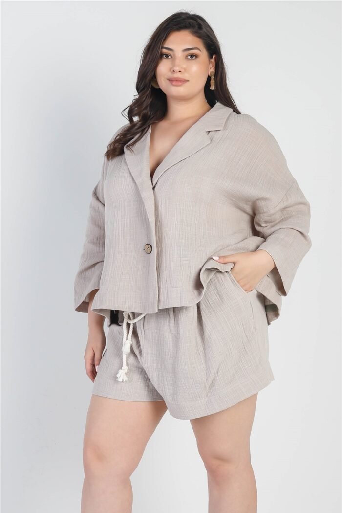 Plus grey button-up collared neck blazer high waist shorts set