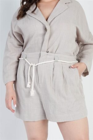 Plus Grey Button-up Collared Neck Blazer High Waist Shorts Set