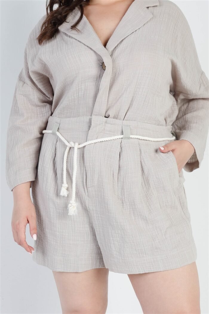 Plus grey button-up collared neck blazer high waist shorts set