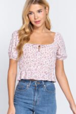 Short Slv Shirring Print Woven Top - Image 5