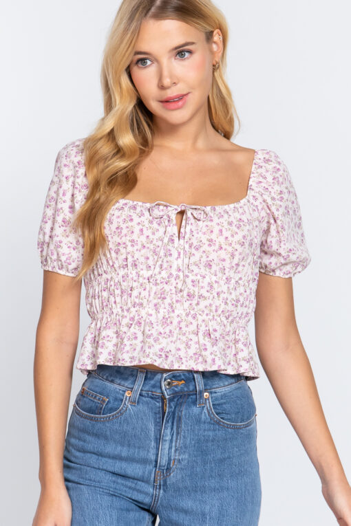 Short Slv Shirring Print Woven Top - Image 5