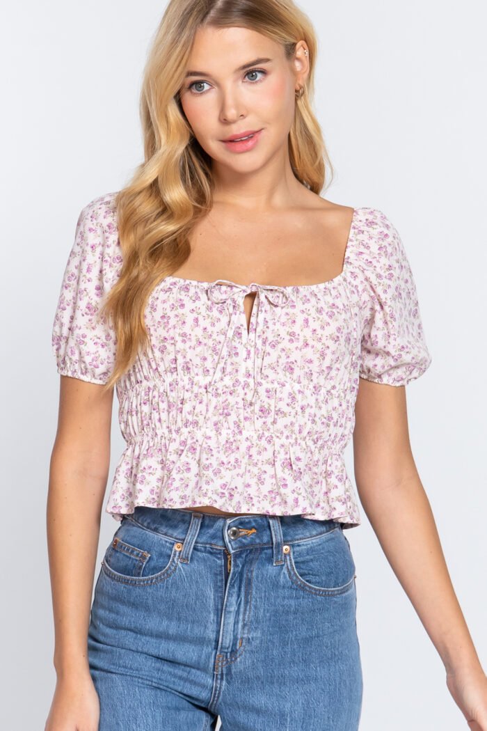 Short Slv Shirring Print Woven Top - Image 5