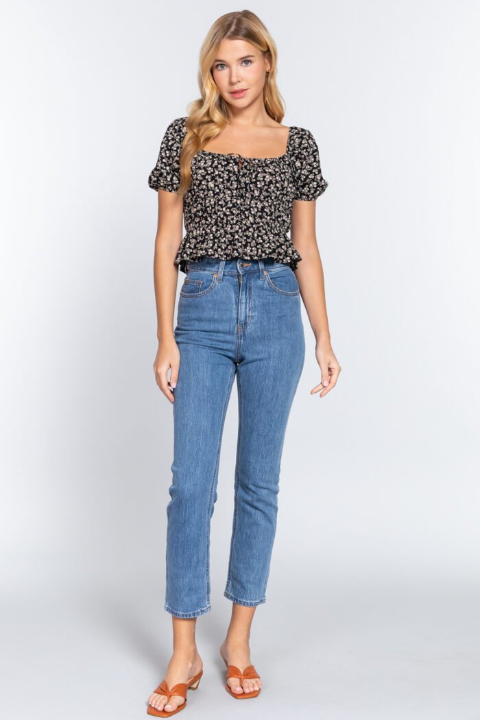 Short Slv Shirring Print Woven Top - Image 2