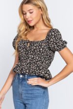Short Slv Shirring Print Woven Top - Image 3