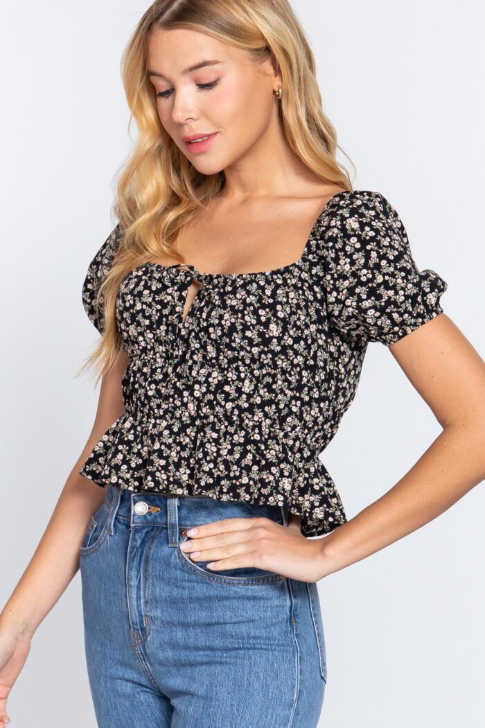 Short Slv Shirring Print Woven Top - Image 3