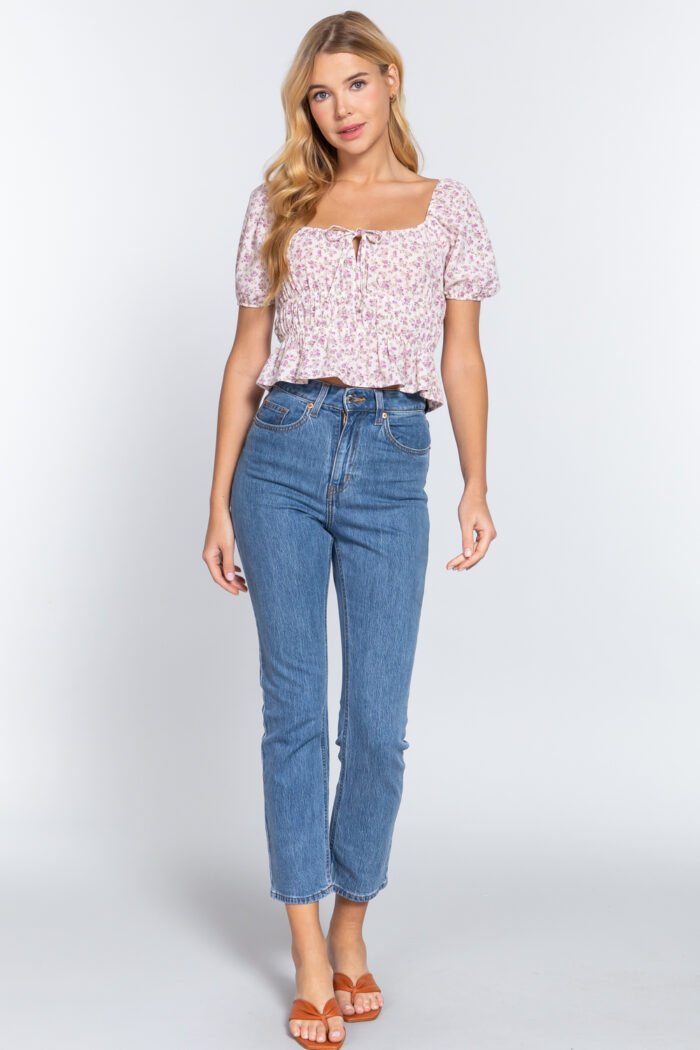 Short Slv Shirring Print Woven Top - Image 6