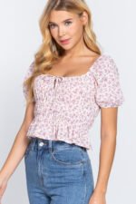 Short Slv Shirring Print Woven Top - Image 7