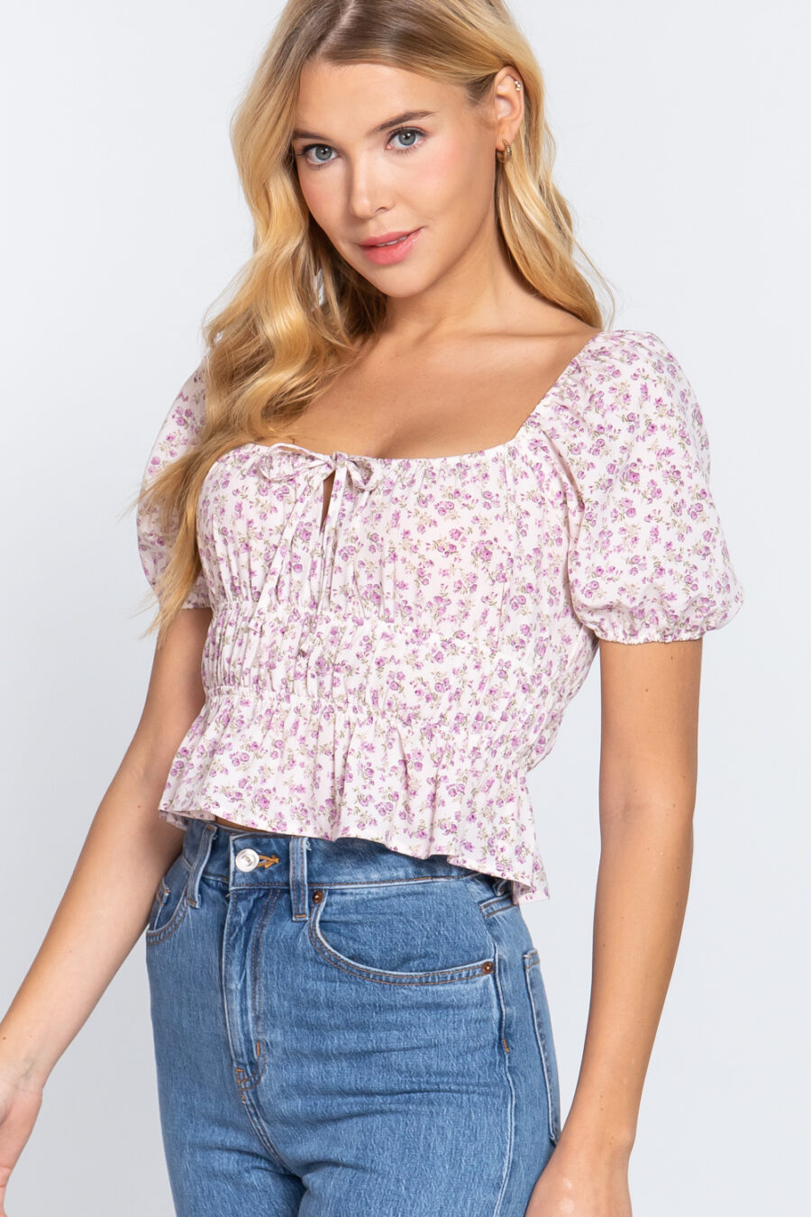 Short slv shirring print woven top