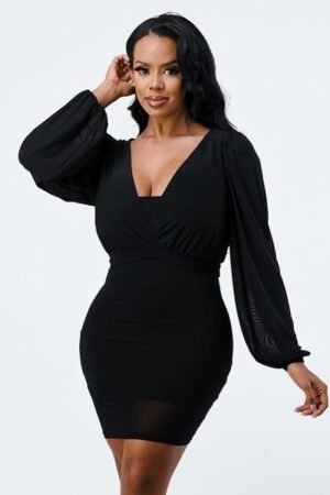 Lux Mesh Layered V Neck Bodycon Dress – Black