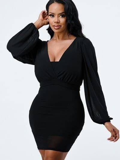 Lux Mesh Layered V Neck Bodycon Dress – Black