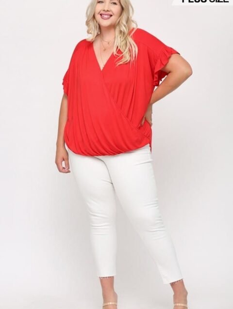 Solid Viscose Knit Surplice Top With Ruffle Sleeve