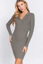 Long Slv V-neck Sweater Rib Mini Dress - Image 3