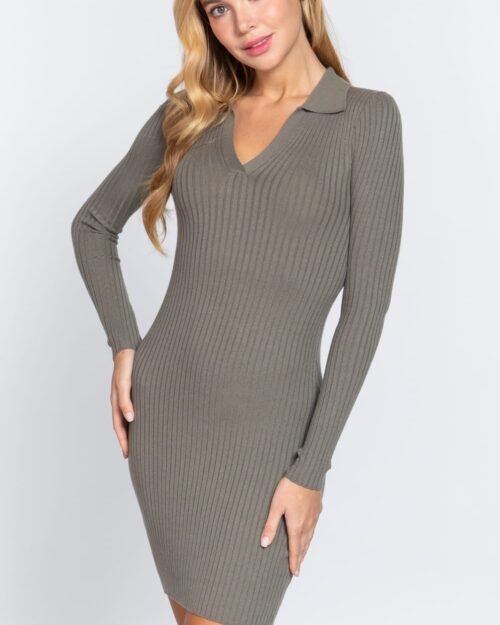 long slv v-neck sweater rib mini dress
