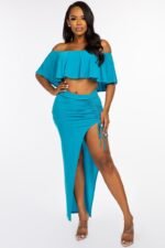Solid Ity Off The Shoulder Ruffled Cropped Top And Ruched Maxi Skirt Two Pie... - Image 2