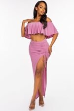 Solid Ity Off The Shoulder Ruffled Cropped Top And Ruched Maxi Skirt Two Pie...