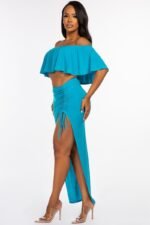 Solid Ity Off The Shoulder Ruffled Cropped Top And Ruched Maxi Skirt Two Pie... - Image 3